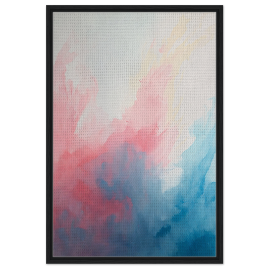 Abstract painting in soft pink, blue, and white hues, Pastel Whirl Dance framed canvas print