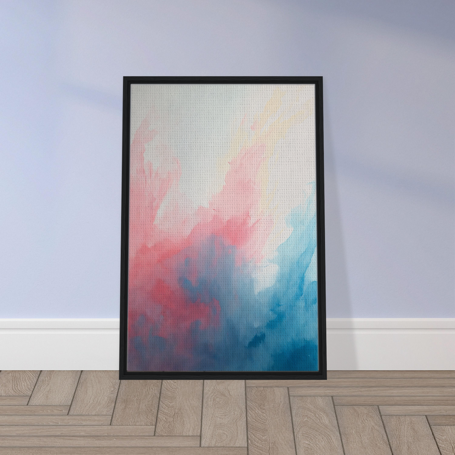 Framed abstract painting in pink and blue for Pastel Whirl Dance room decor