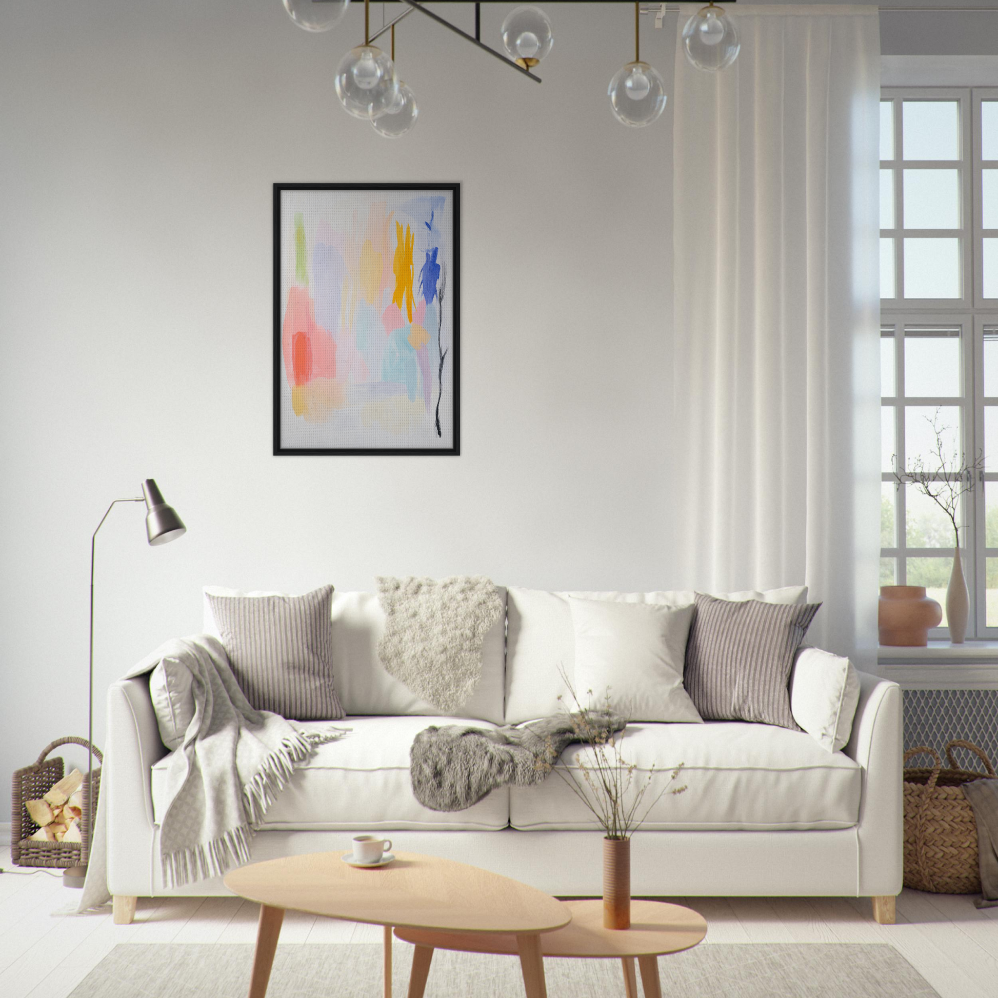 White sofa with throw pillows in Pastels in Harmony, perfect for an abstract expressionism decor