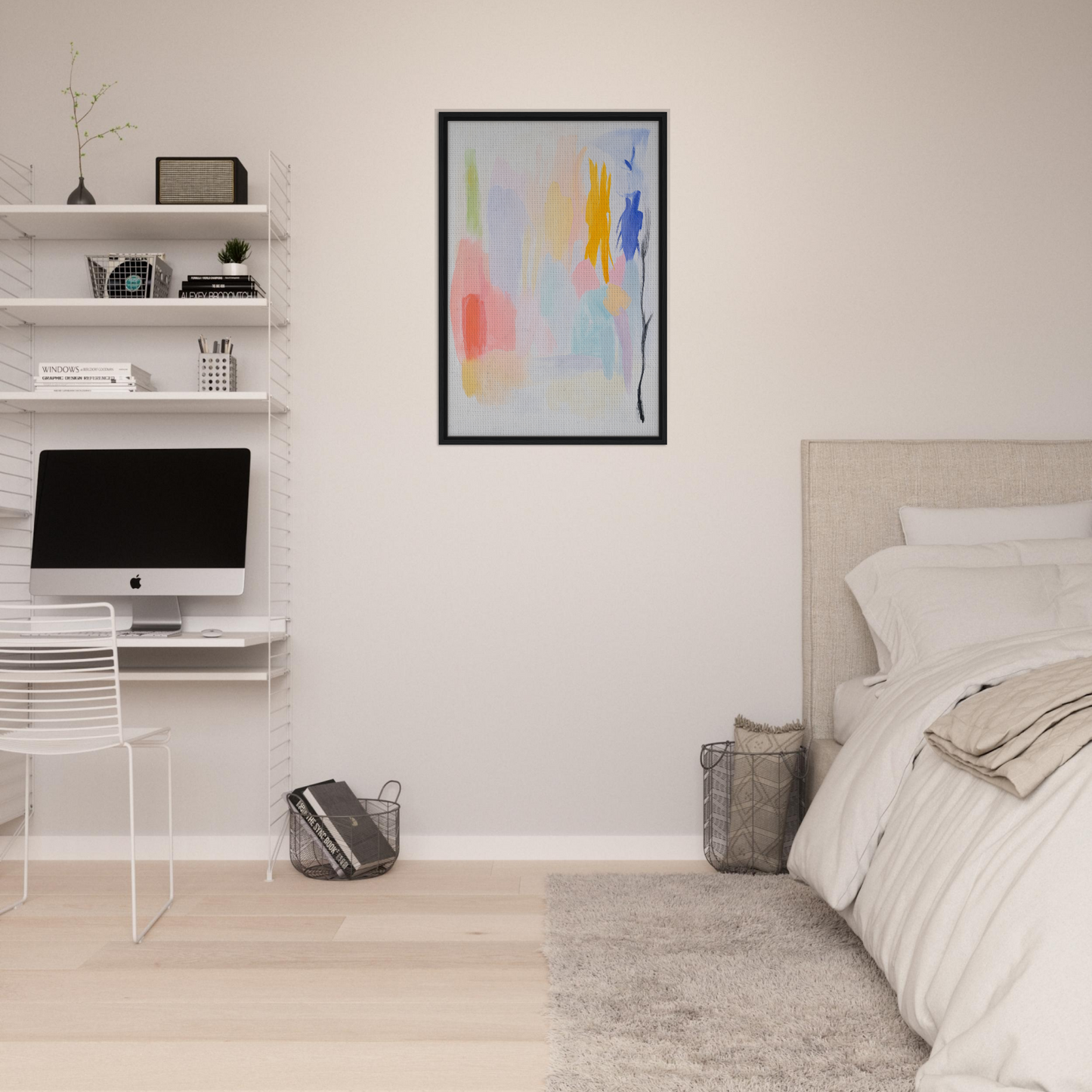 Minimalist bedroom featuring Pastels in Harmony framed canvas print and abstract expressionism