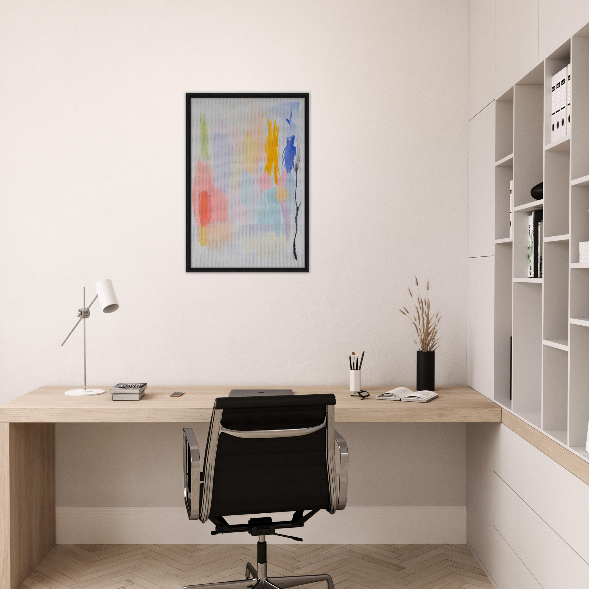 Minimalist home office with wooden desk, chair, and Pastels in Harmony framed canvas print