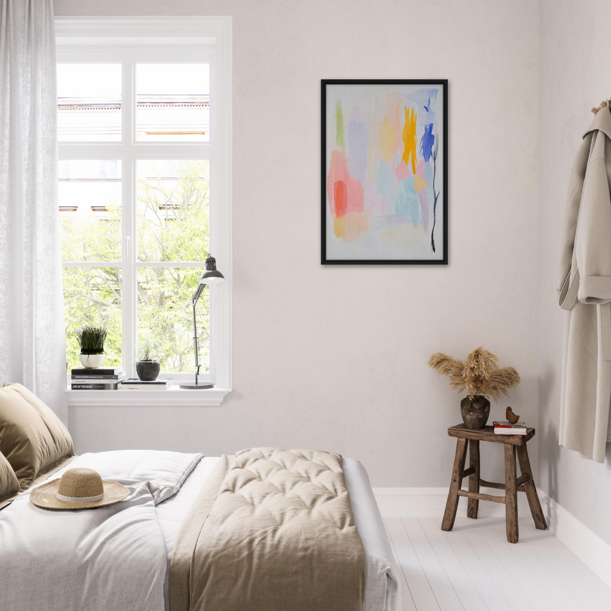 Bright, airy bedroom featuring a pastel-themed framed canvas print in abstract expressionism