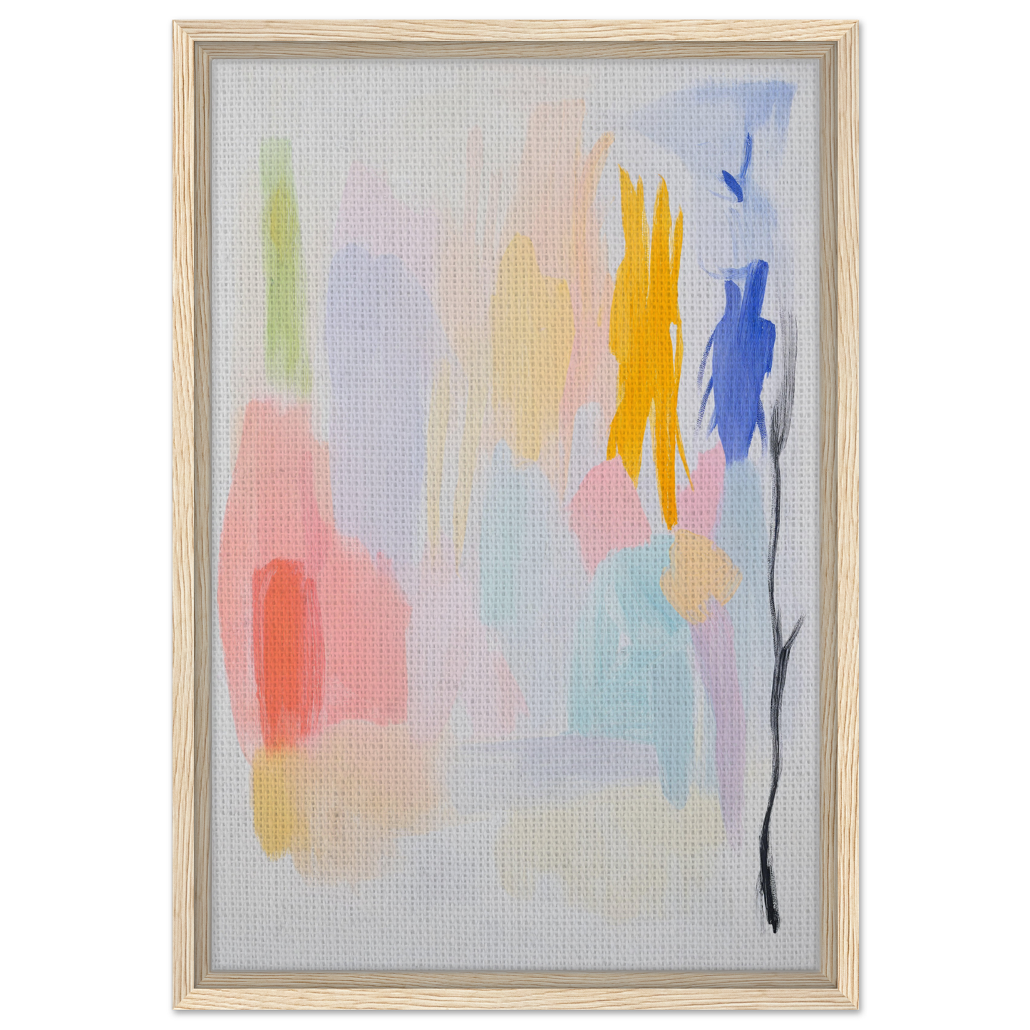 Abstract expressionism framed canvas print in soft pastels, elegantly displayed in wood