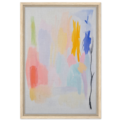 Abstract expressionism framed canvas print in soft pastels, elegantly displayed in wood