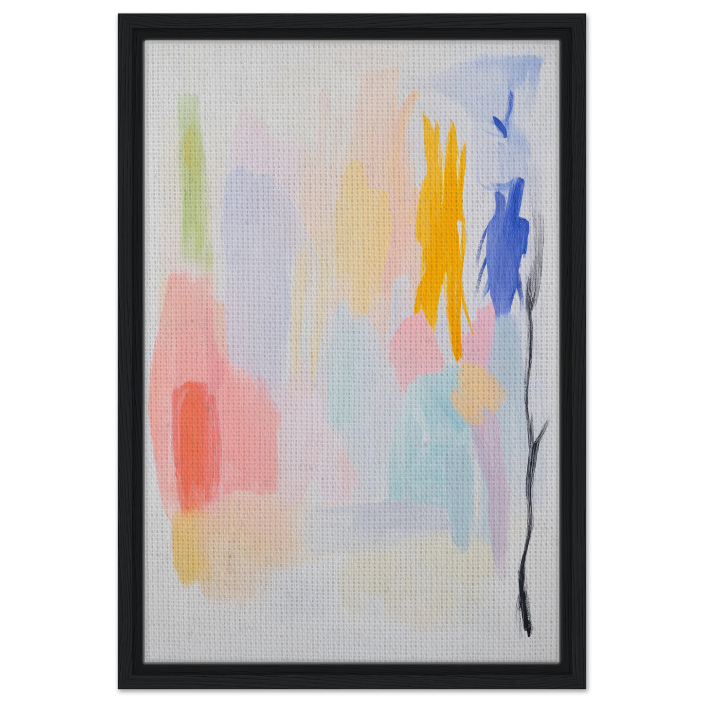 Abstract painting with pastel colors and bold strokes in a black frame for room decor