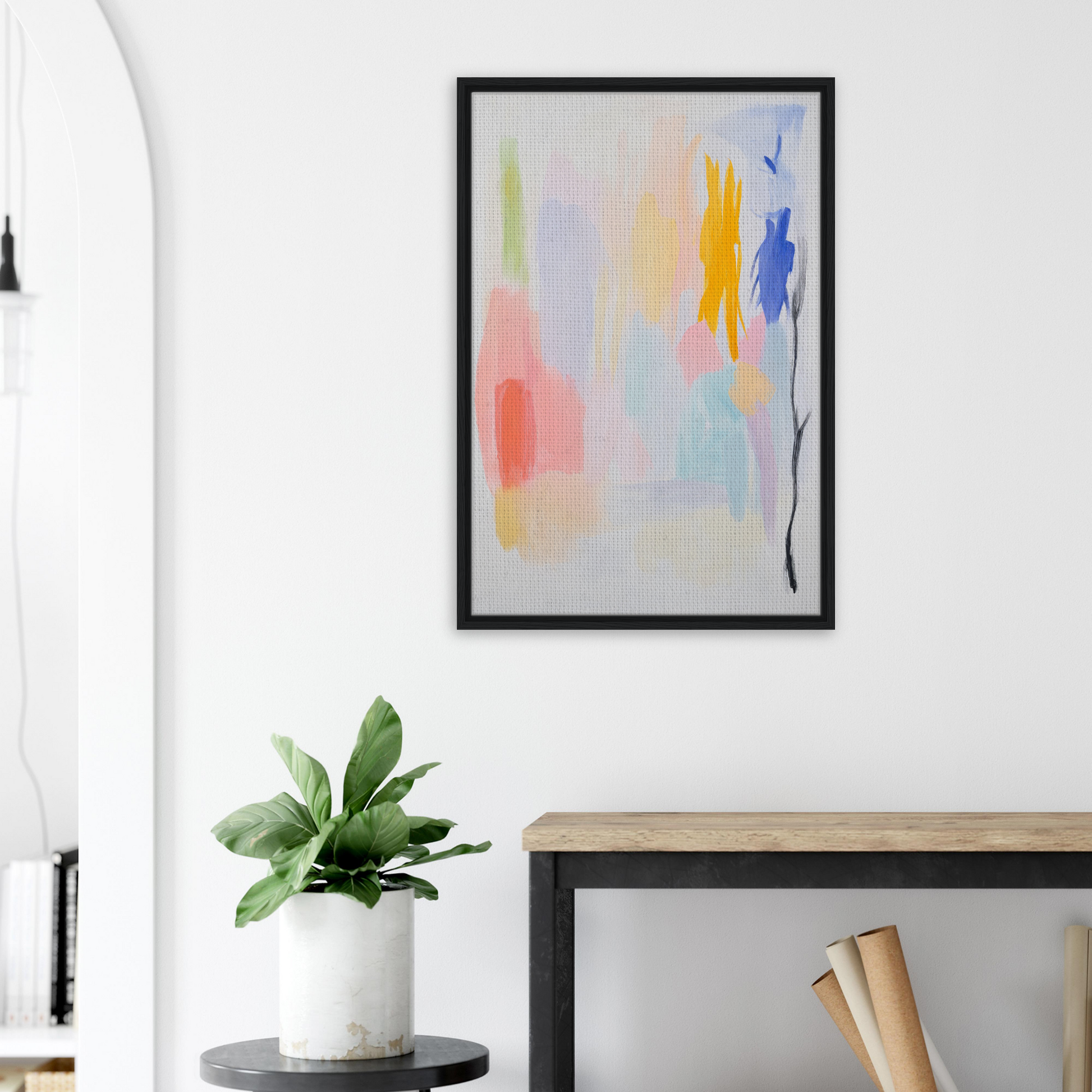 Abstract painting in soft pastel colors within a black frame, framed canvas print