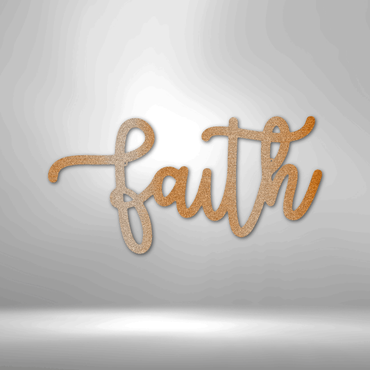 Cursive wooden or metallic text spelling out the word ’faith’.