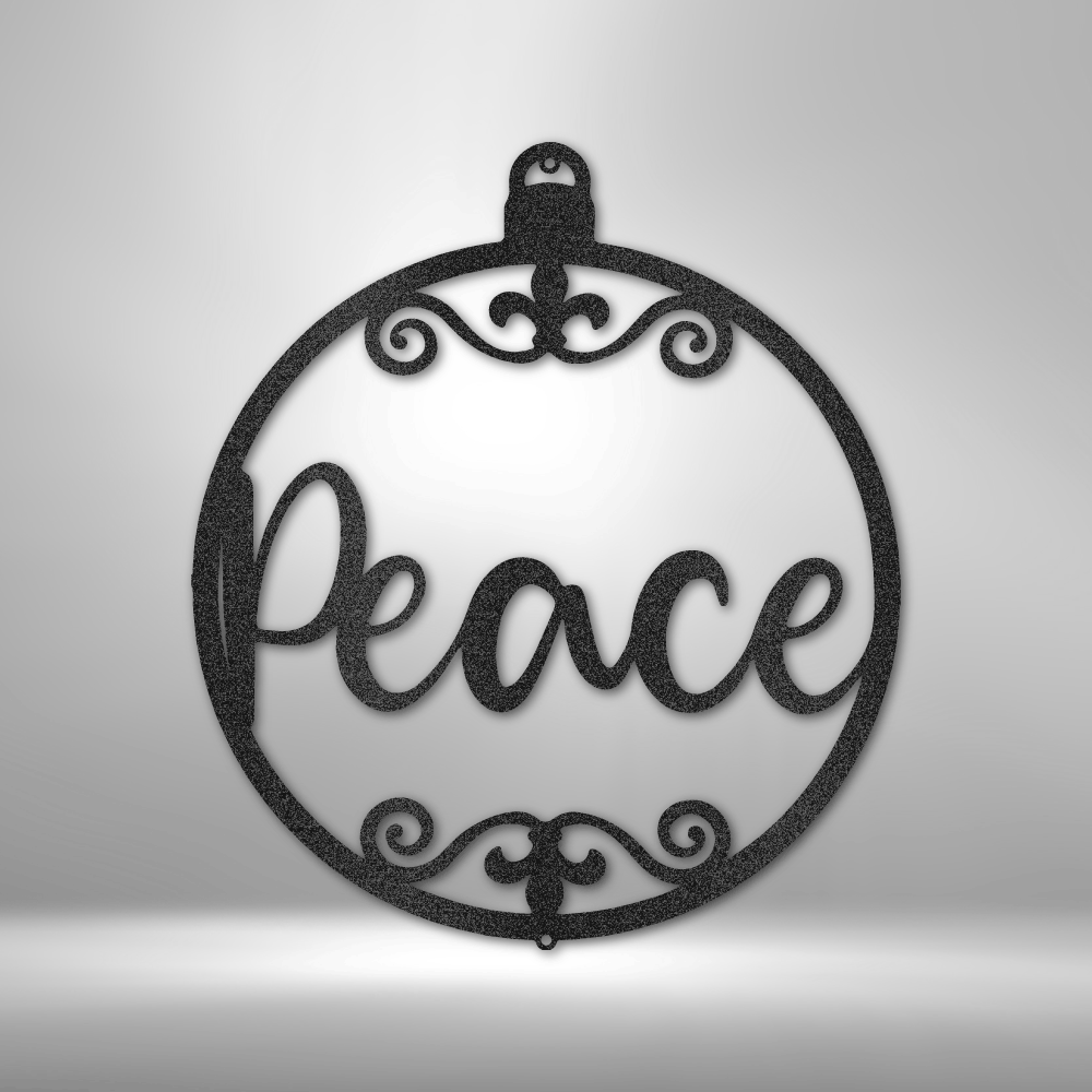 Ornamental circular decoration with the word ’Peace’ written in cursive script.