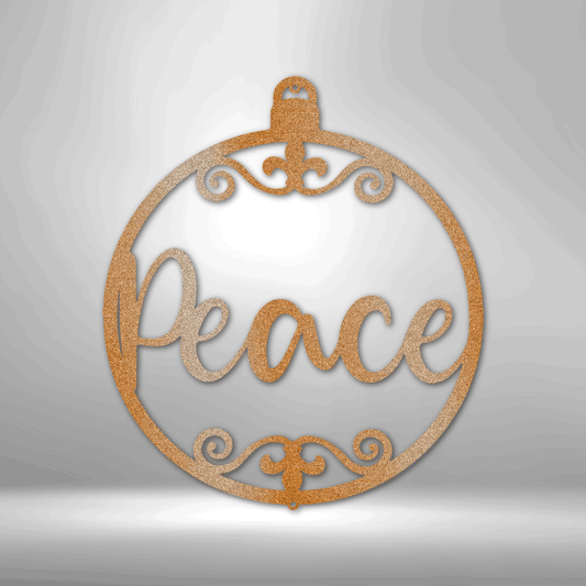 Ornate circular ornament with the word ’Peace’ written in cursive script.