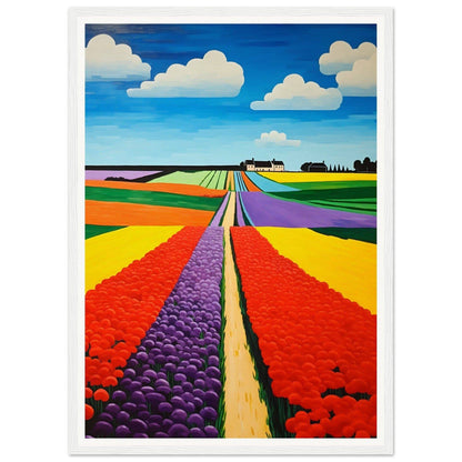 Vibrant, colorful landscape painting of flower fields stretching to the horizon.