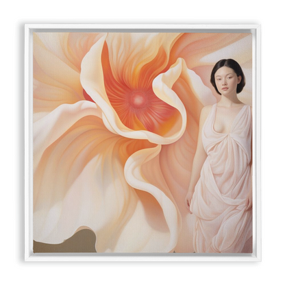 Vibrant orange and white flower with curving petals alongside a woman in a pale dress.