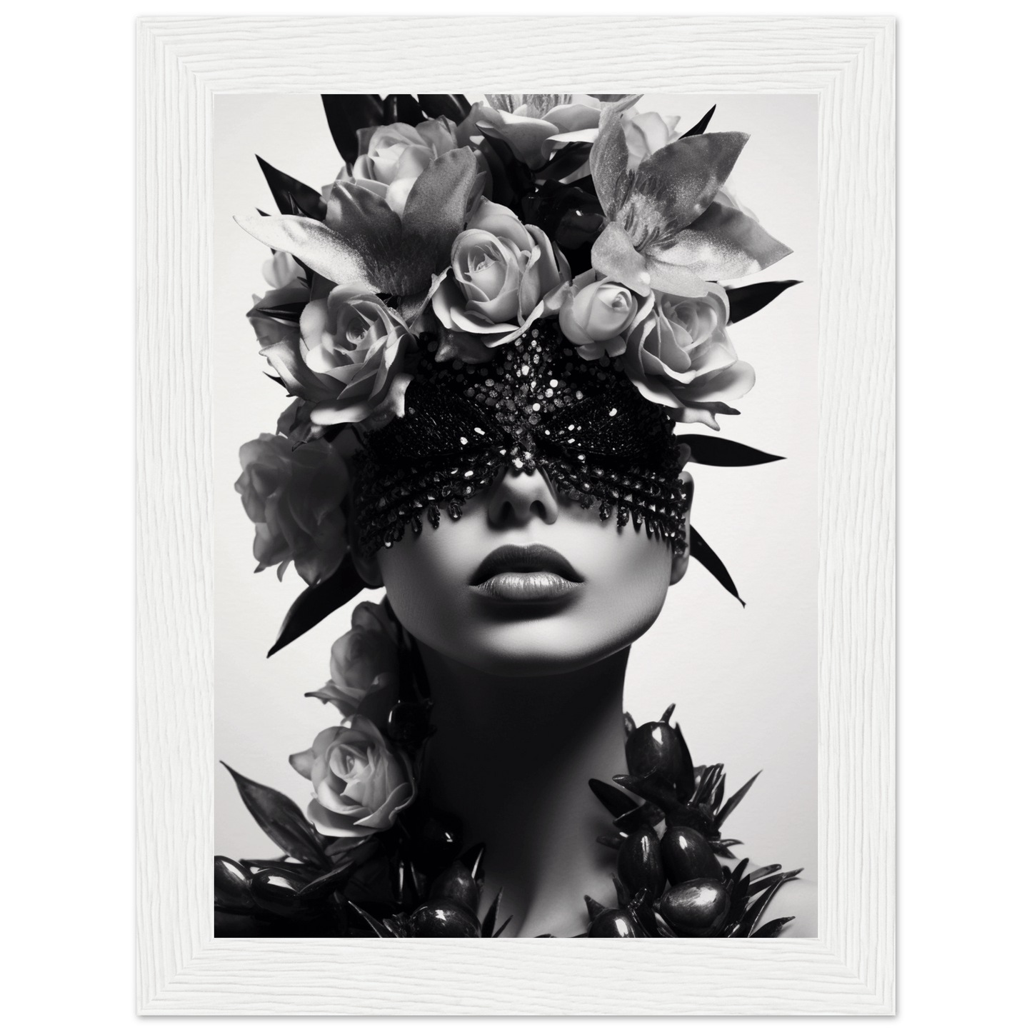 Striking black and white portrait featuring a figure adorned with floral headpiece and intricate eye covering.