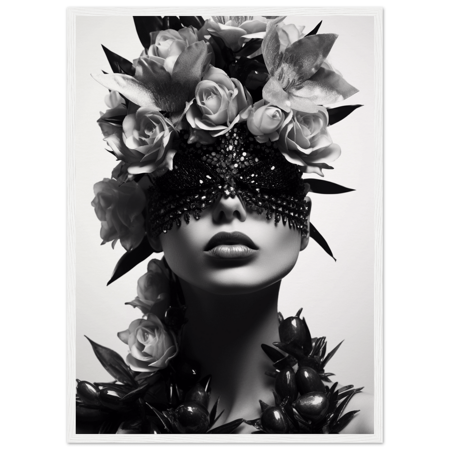 Artistic black and white portrait featuring a figure adorned with roses and an ornate eye covering.