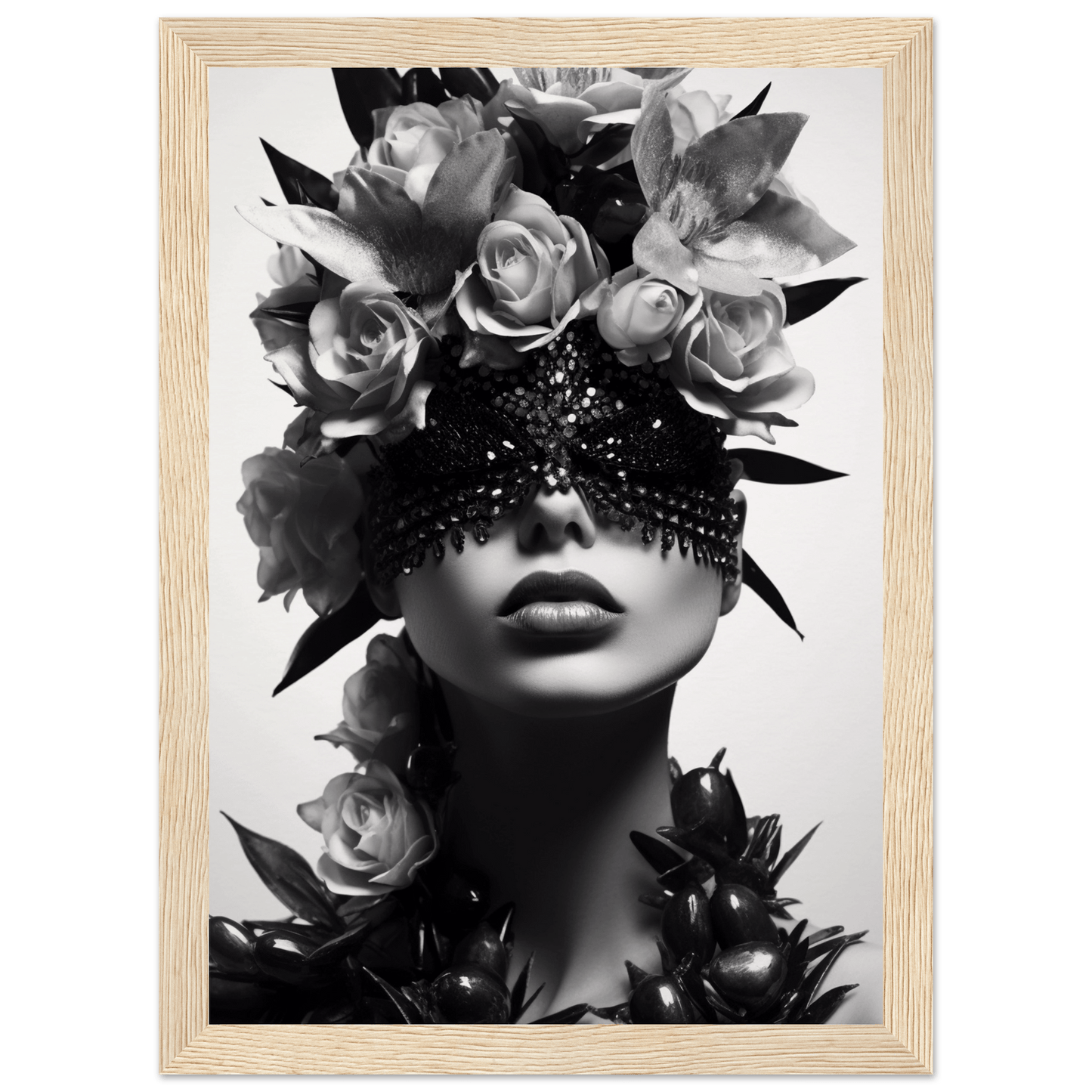 Black and white portrait of a figure adorned with roses and an ornate eye covering.