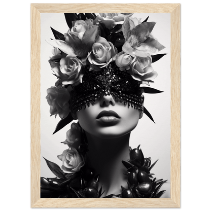 Black and white portrait of a figure adorned with roses and an ornate eye covering.