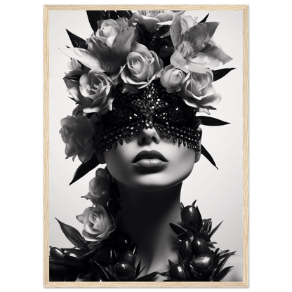 Artistic black and white portrait featuring a figure adorned with roses and a decorative eye covering.