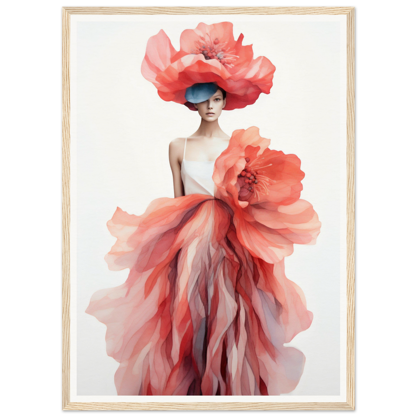 Surreal figure wearing an elaborate floral-inspired dress and headpiece in shades of coral and pink.