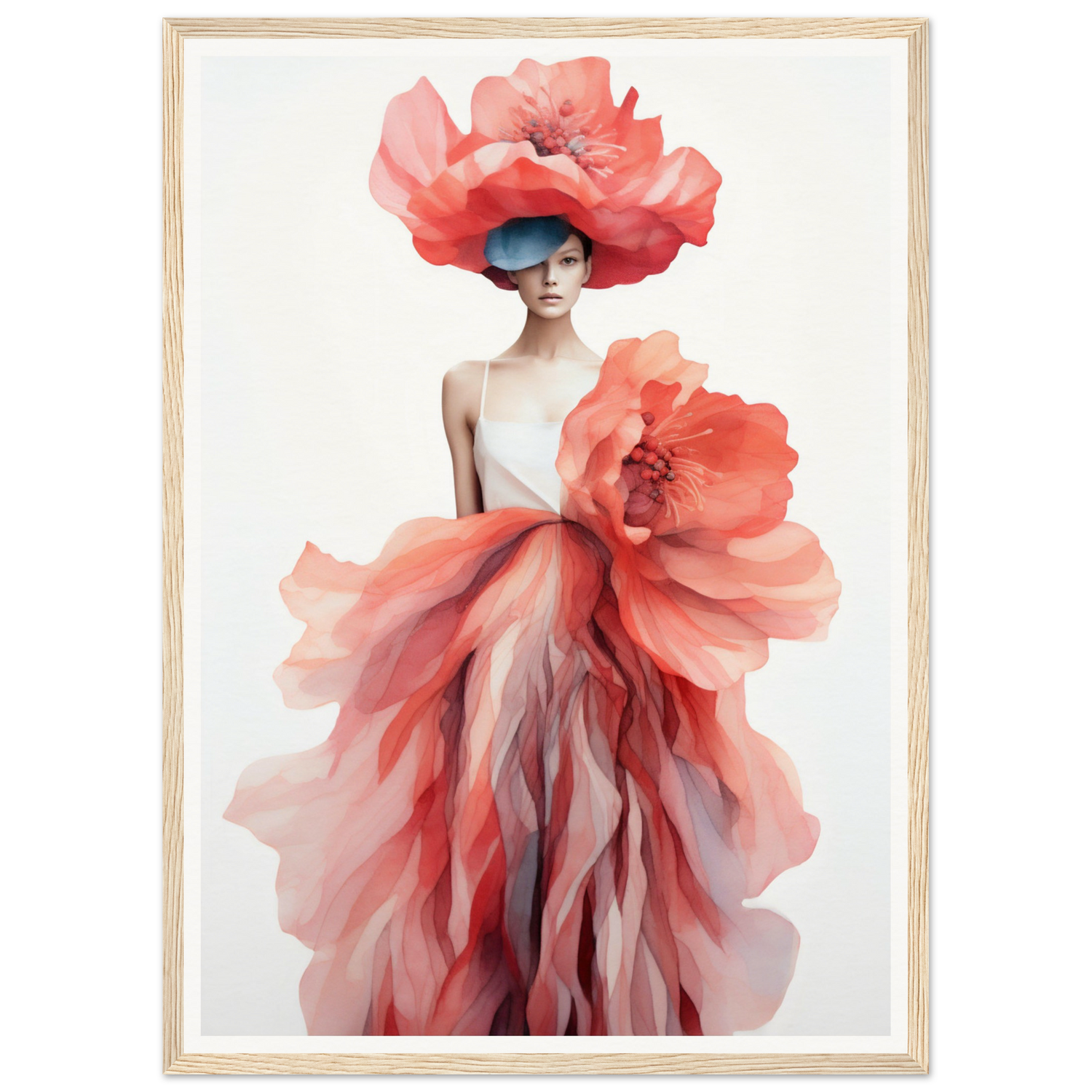 Surreal figure wearing an elaborate floral-inspired dress and headpiece in shades of coral and pink.