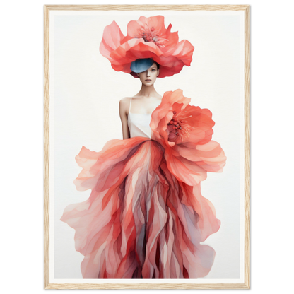 Surreal figure wearing an elaborate floral-inspired dress and headpiece in shades of coral and pink.