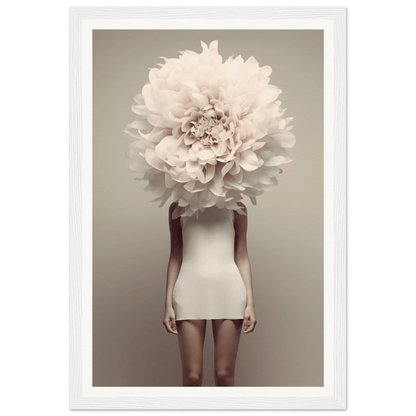 Surreal figure wearing a short white dress with an enormous pale peony bloom in place of a head.