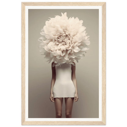 A surreal figure with a giant white peony flower in place of its head, wearing a short white dress.