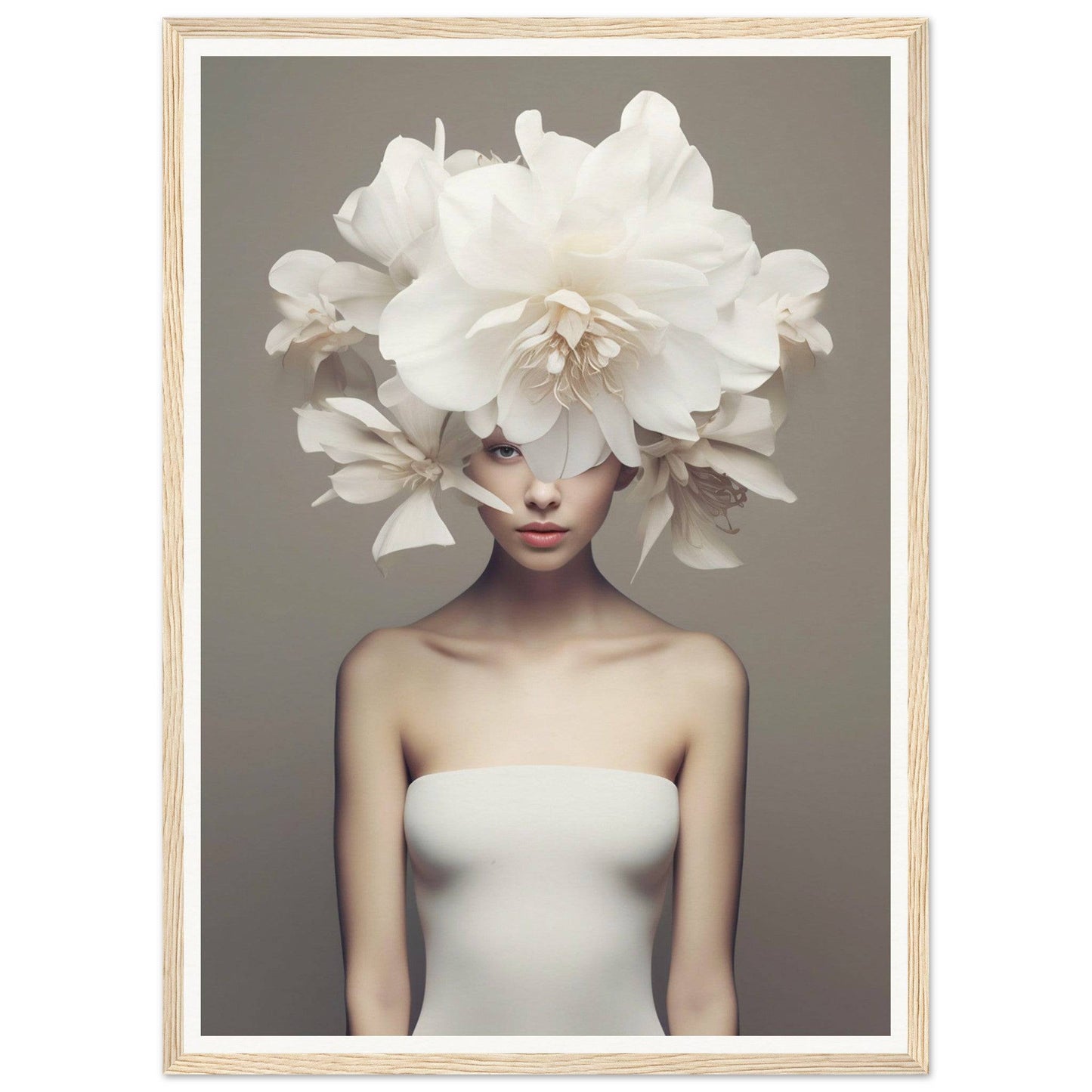 A person wearing an elaborate white floral headdress that covers most of their face.