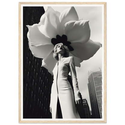 Woman wearing an enormous flower-shaped hat against an urban backdrop.