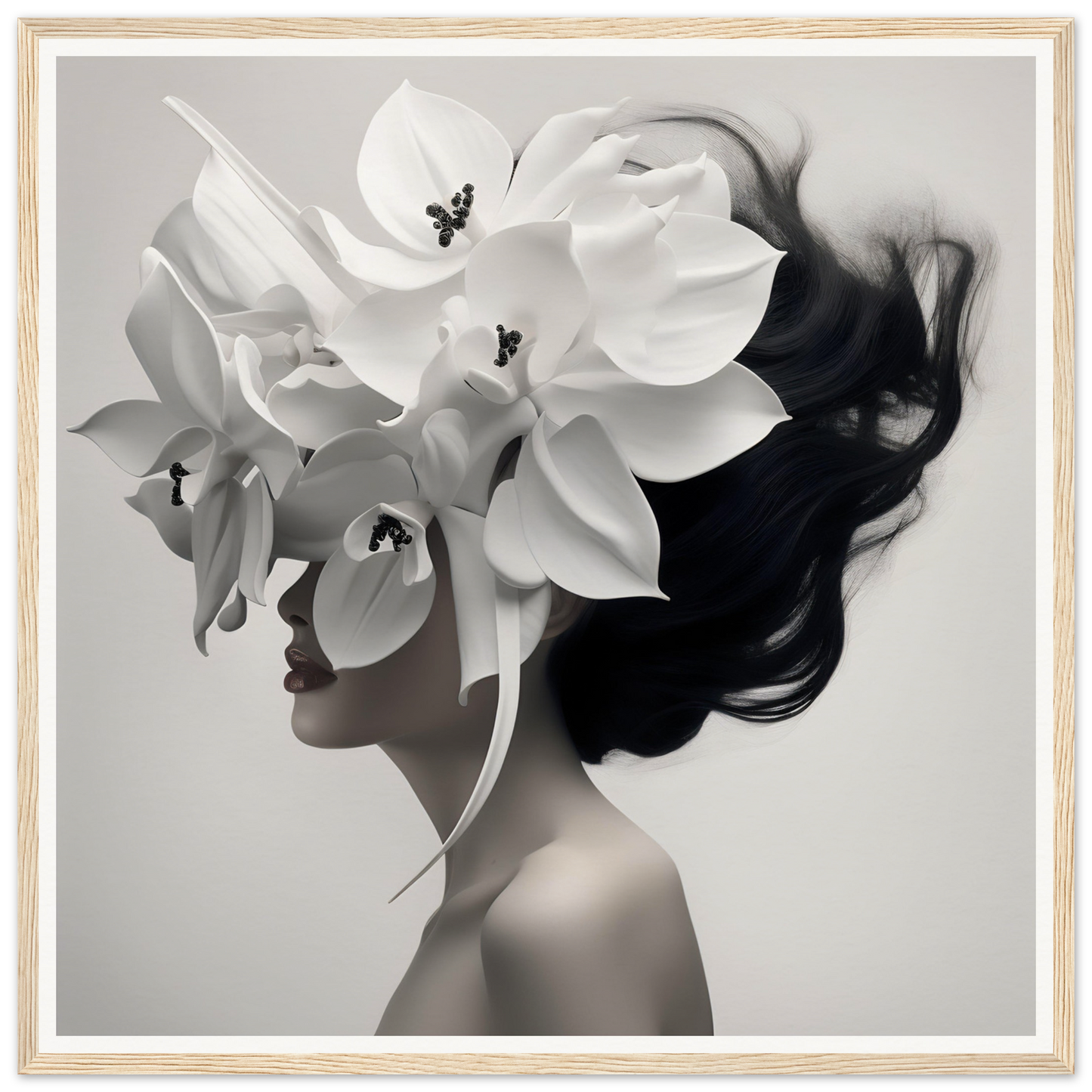 Artistic portrait blending a woman’s profile with delicate white orchids.