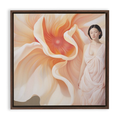 Framed painting depicting a woman in white beside a large, abstract orange flower.