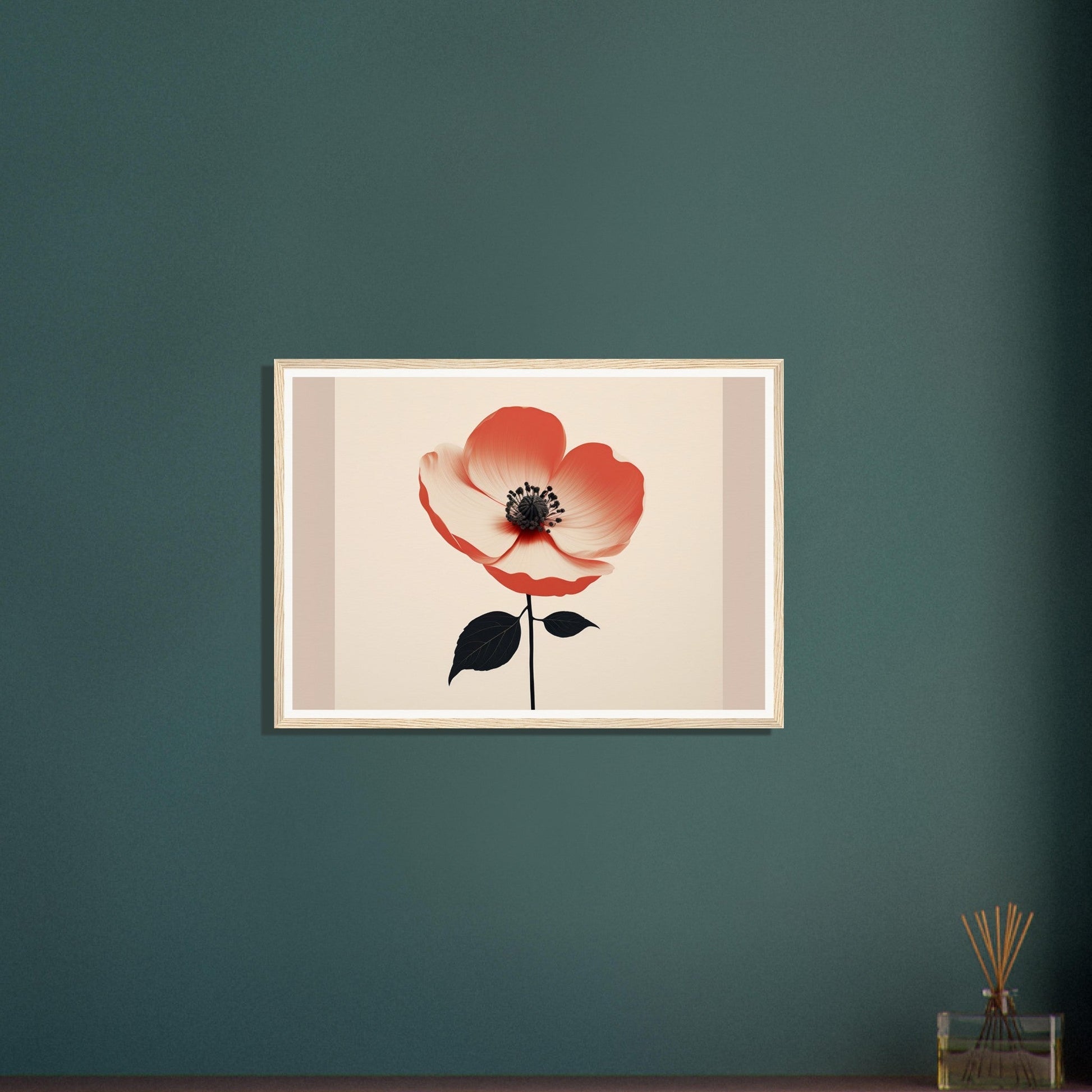 Framed artwork depicting a stylized red poppy flower with a black stem and leaves.