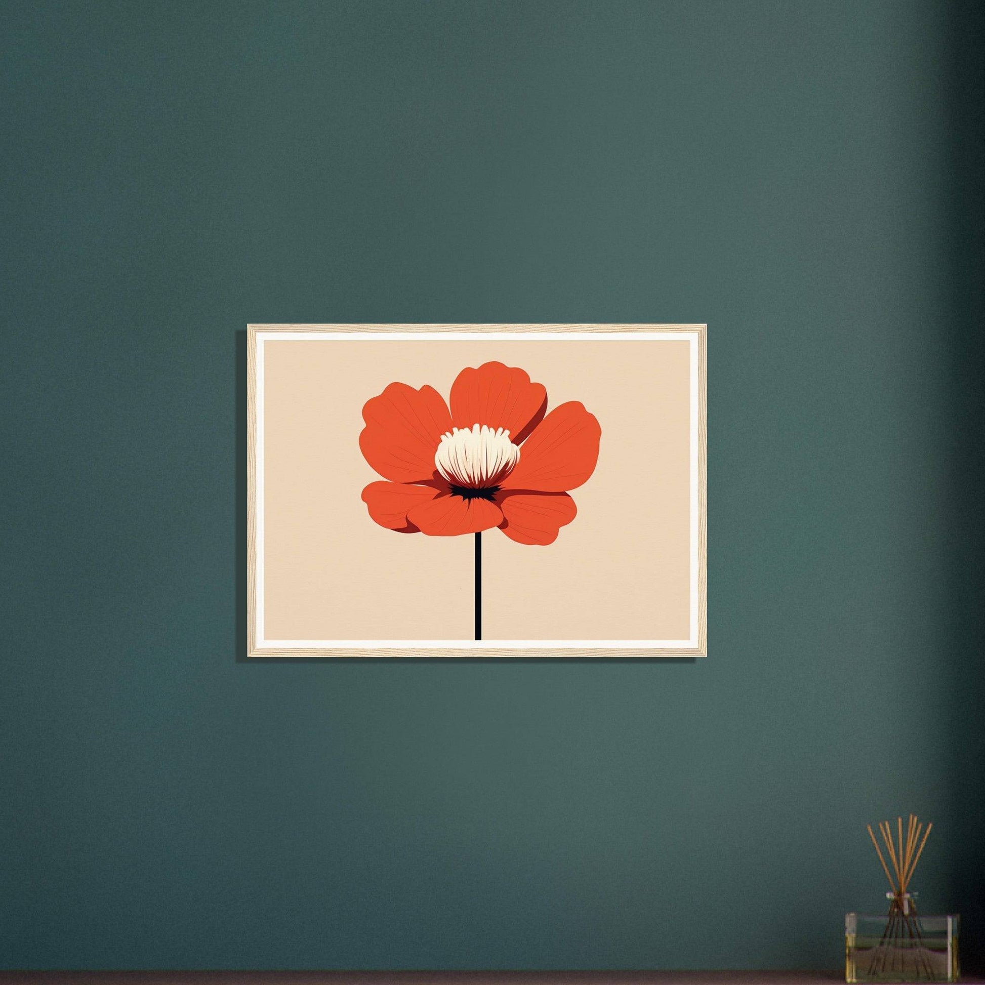 Framed artwork depicting a single red poppy flower with a white center.