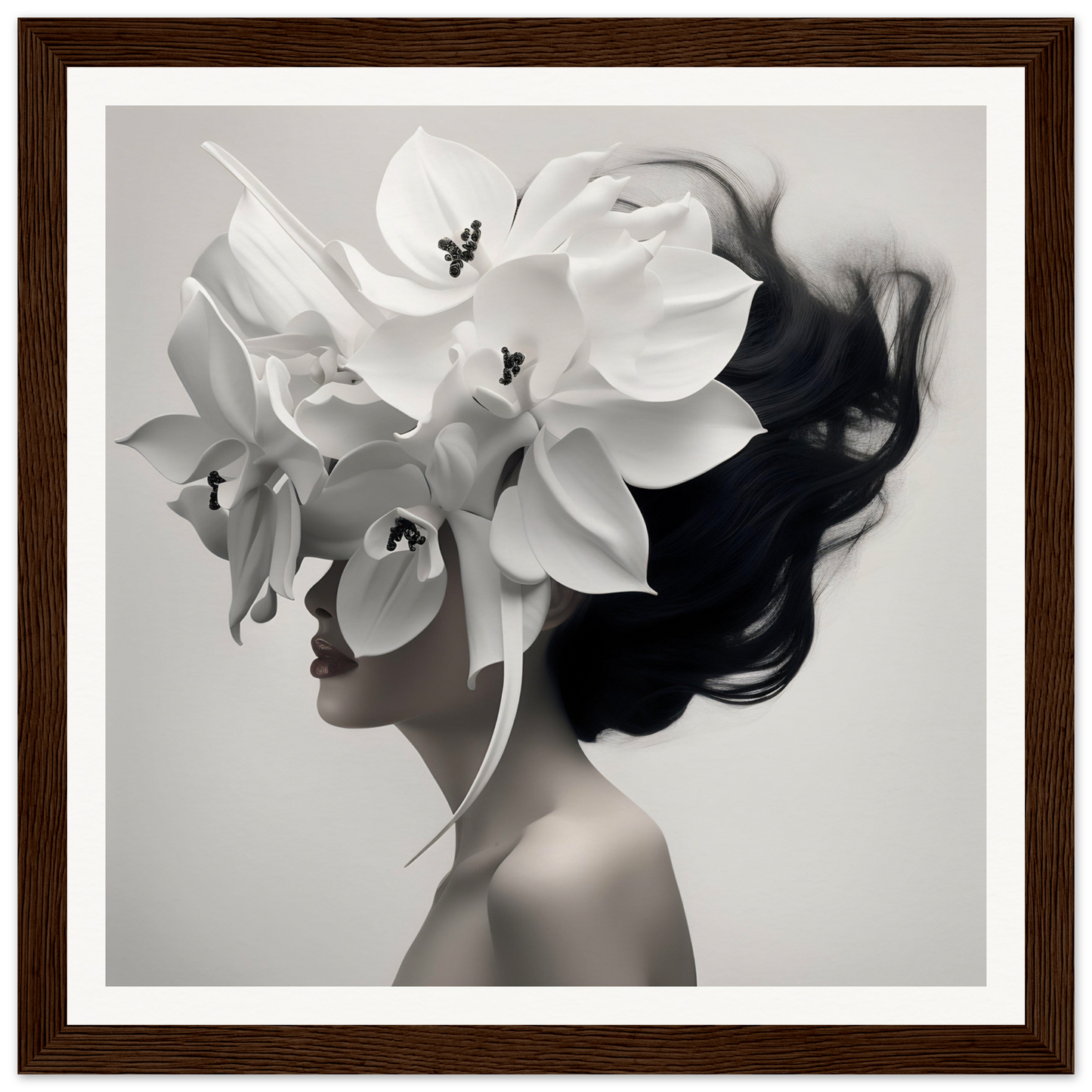 Artistic portrait combining a woman’s silhouette with oversized white orchid blossoms as hair.