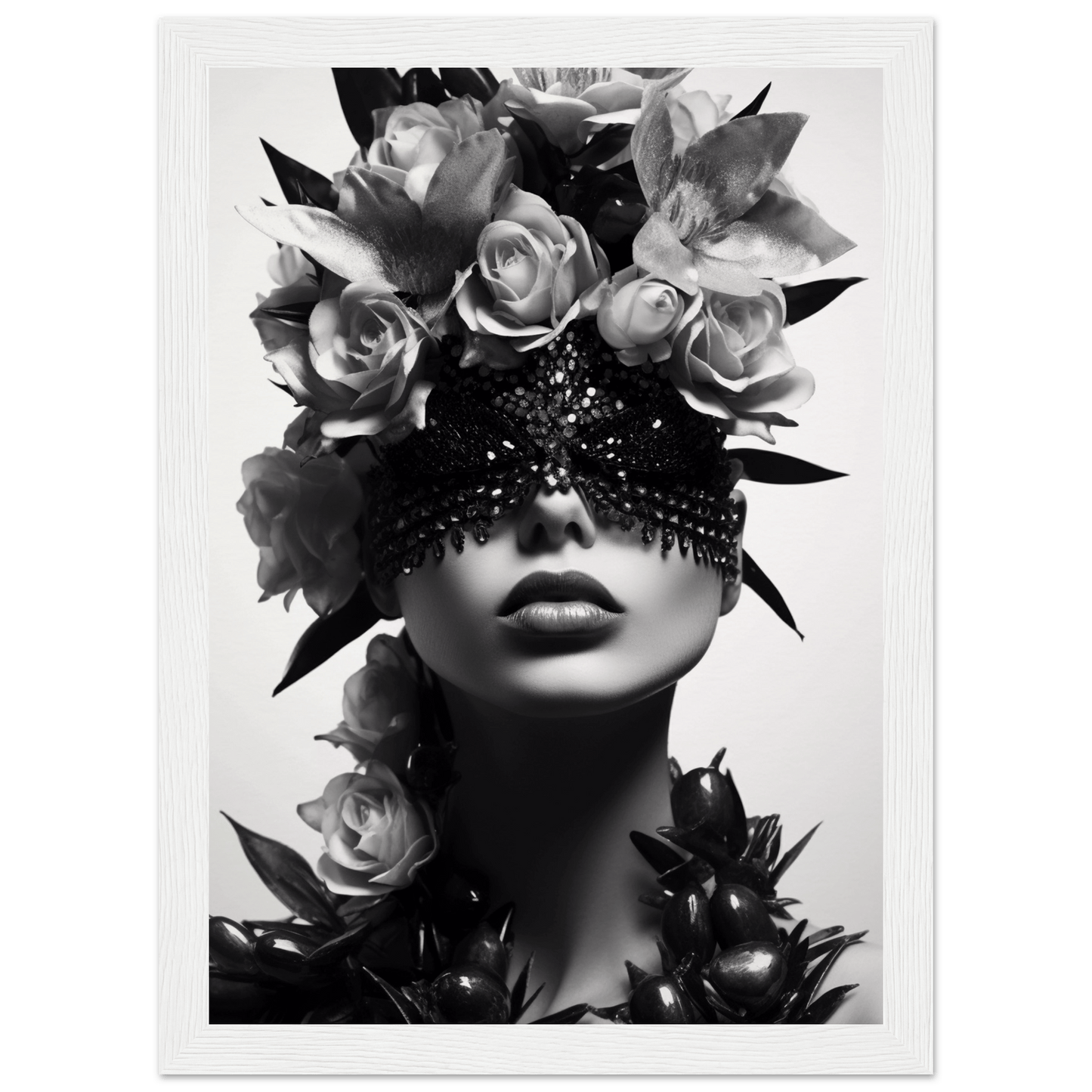 Artistic black and white portrait featuring a face adorned with roses and an ornate eye covering.