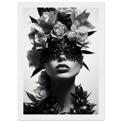 Artistic black and white portrait featuring a face adorned with roses and an ornate eye covering.