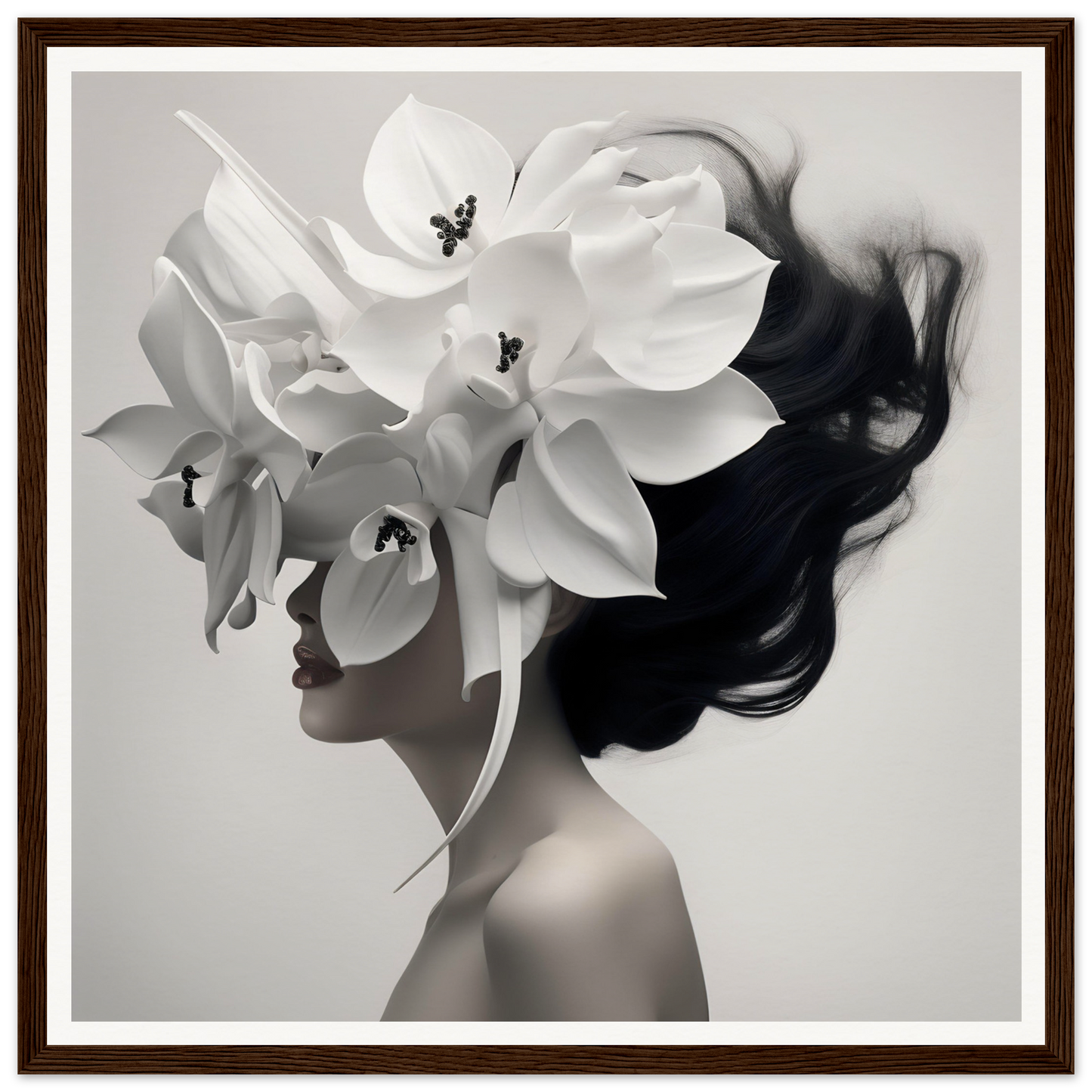 Artistic portrait combining a woman’s profile with oversized white orchid blossoms as hair.