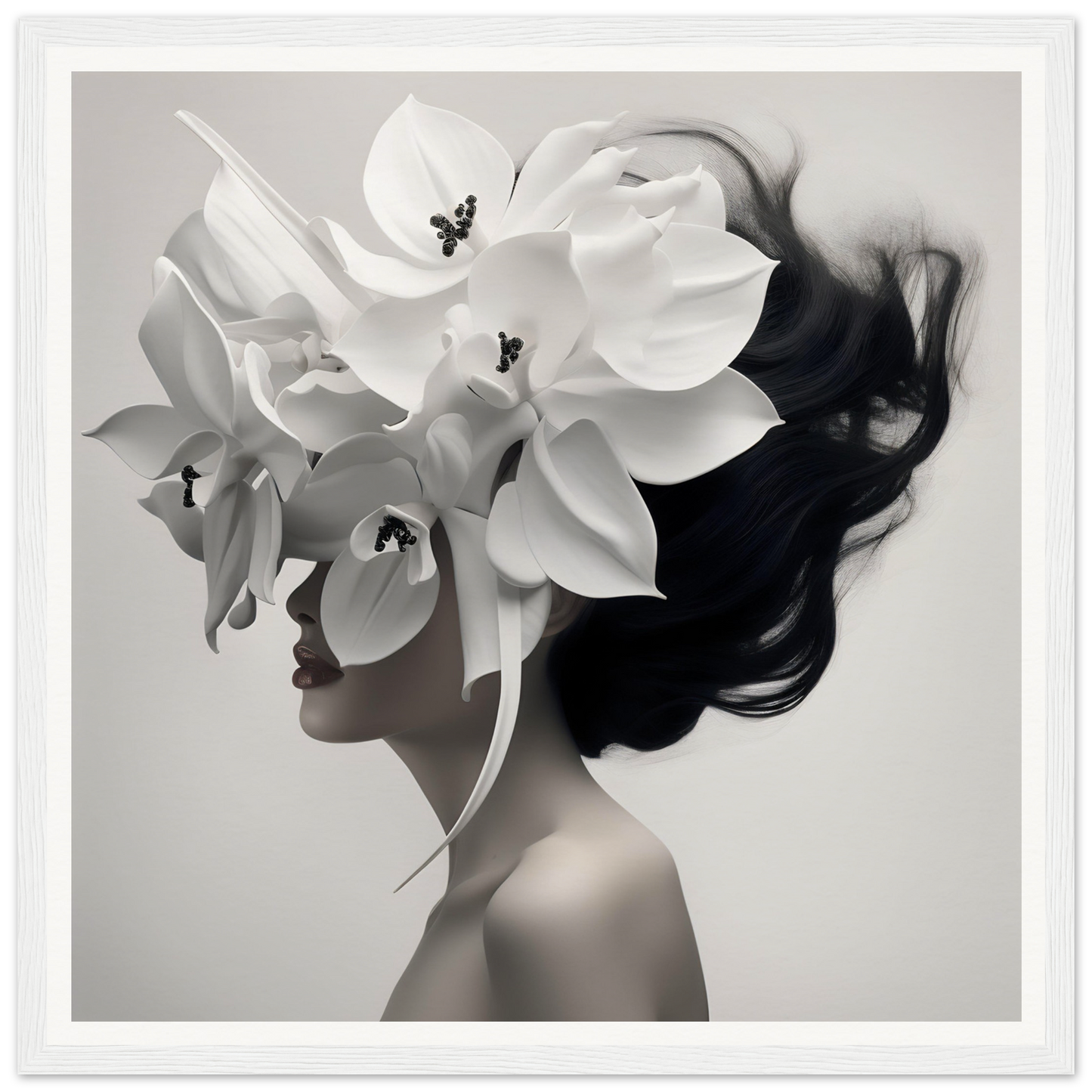 Artistic portrait blending a woman’s profile with oversized white orchid blooms.