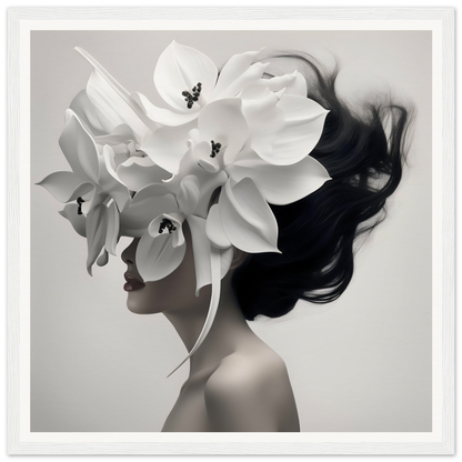 Artistic portrait blending a woman’s profile with oversized white orchid blooms.