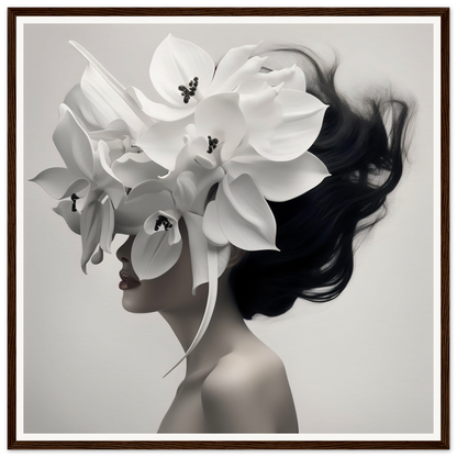 Artistic portrait blending a woman’s profile with white orchid blooms.