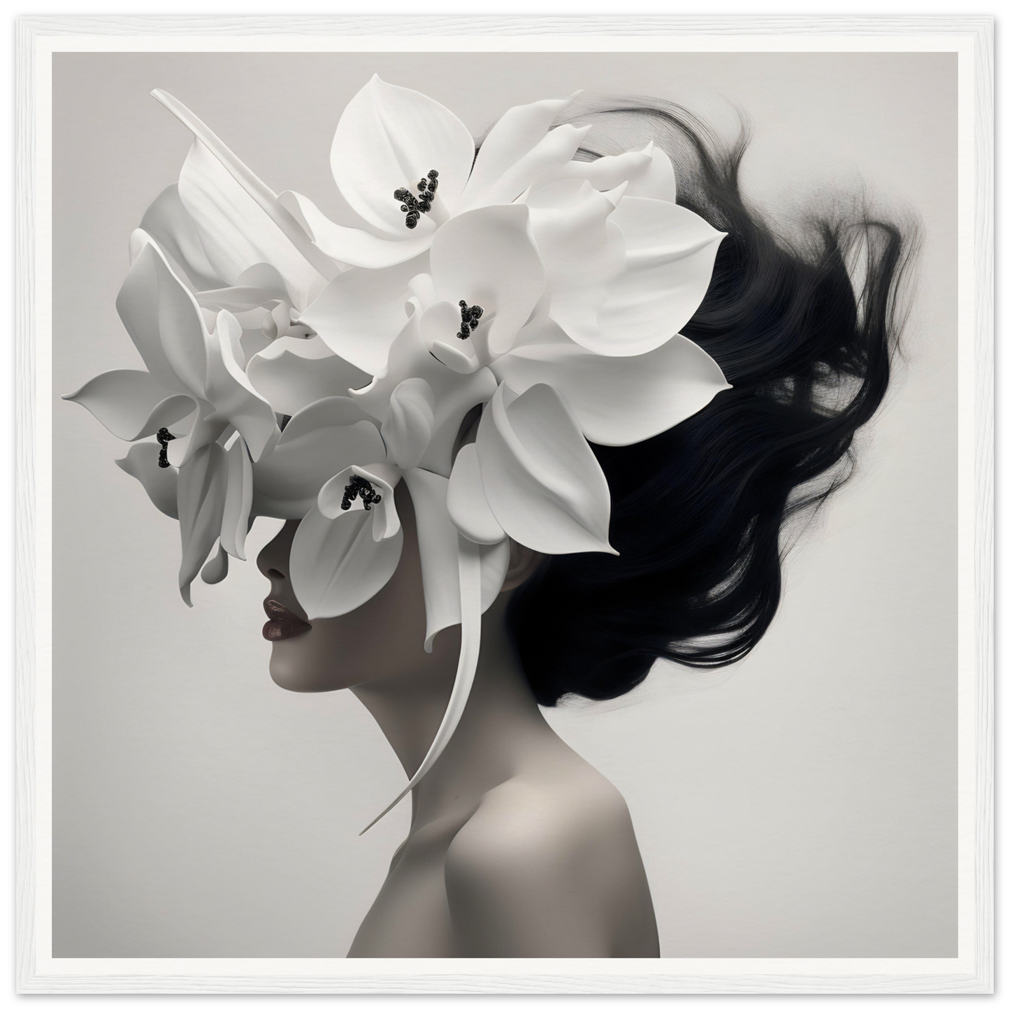 Surreal portrait blending a woman’s profile with white orchid flowers.