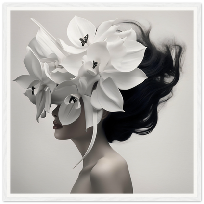 Surreal portrait blending a woman’s profile with white orchid flowers.