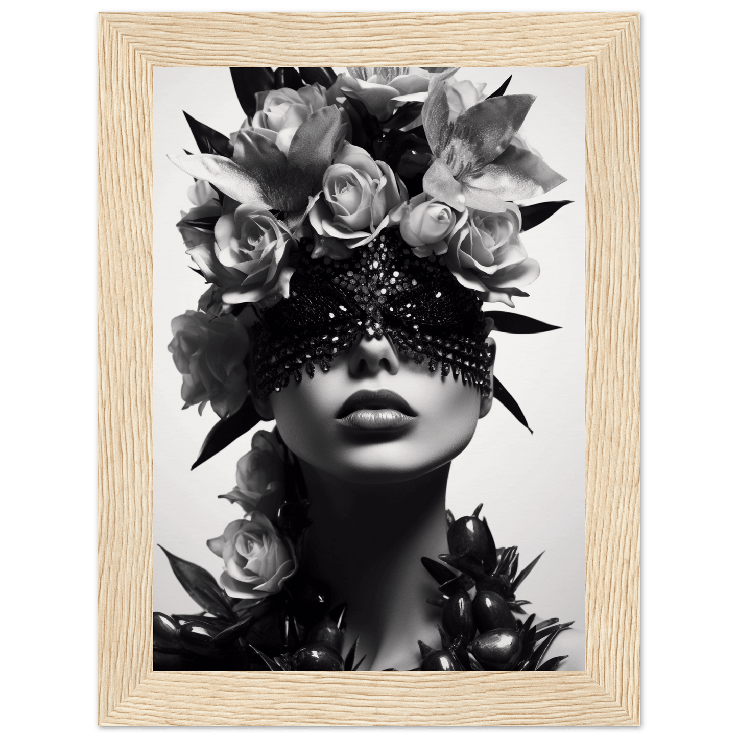 Black and white portrait of a figure adorned with roses and an ornate eye covering.