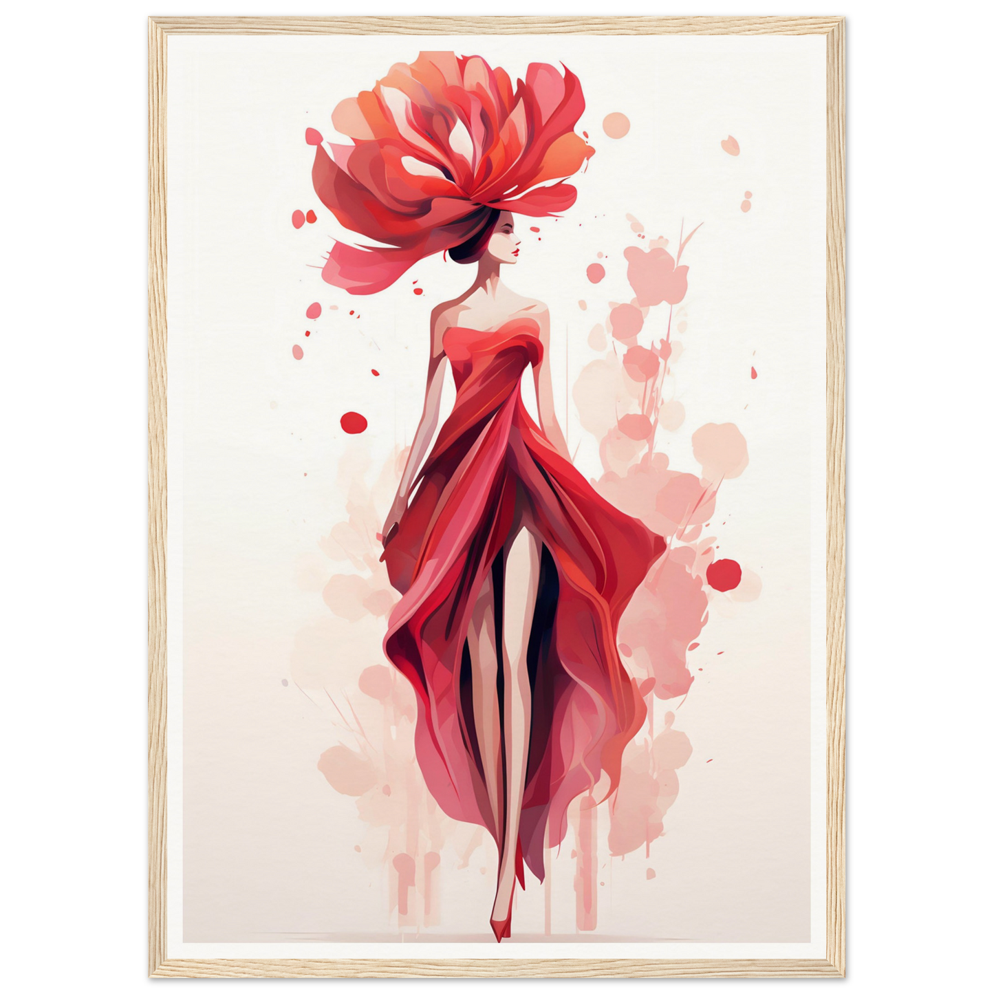 Stylized illustration of a woman in a flowing red dress with a floral-like headdress.