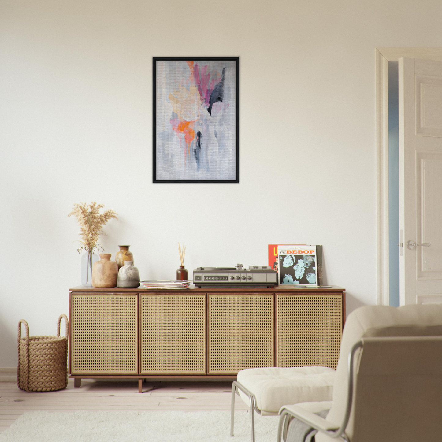 Wooden sideboard with cane doors and decor, part of Petal-Loom Murmurs Room Decor