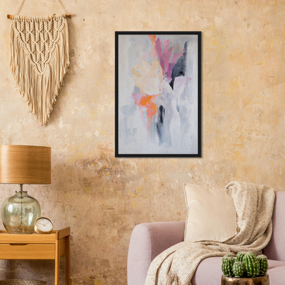 Framed canvas print of Petal-Loom Murmurs featuring soft pastel colors and brushstrokes