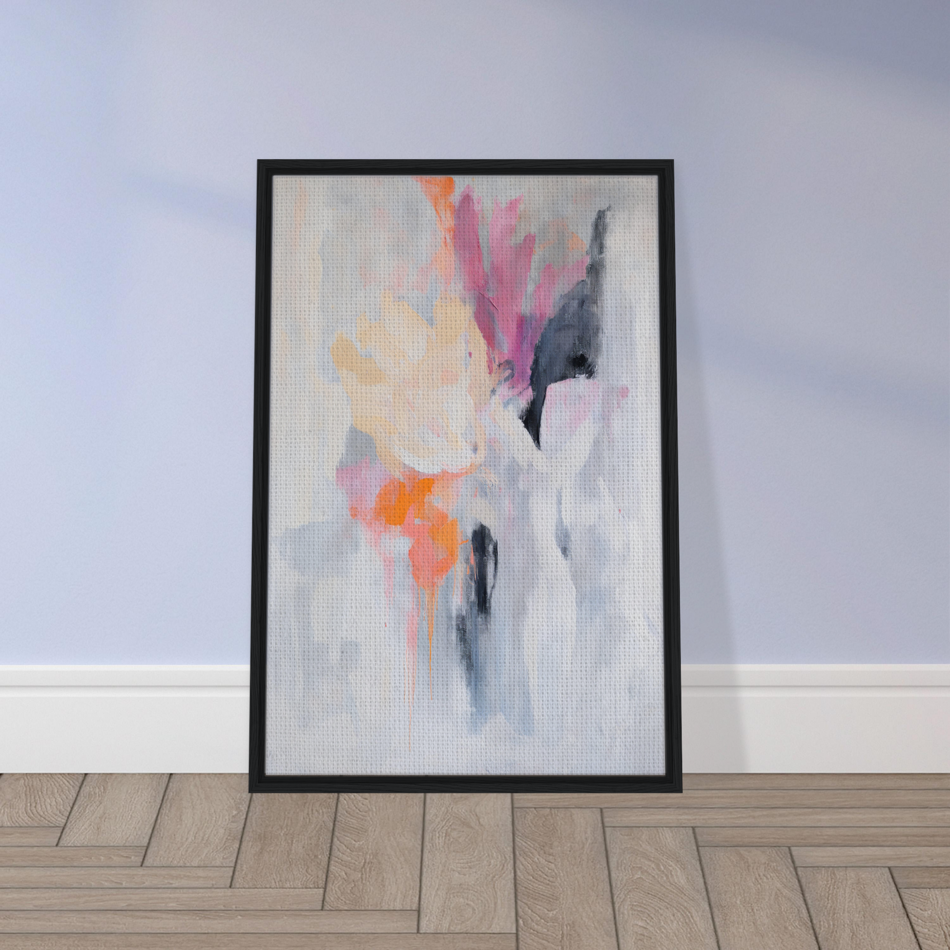 Abstract painting in soft pastels within a black frame, ideal for Petal-Loom Murmurs room decor