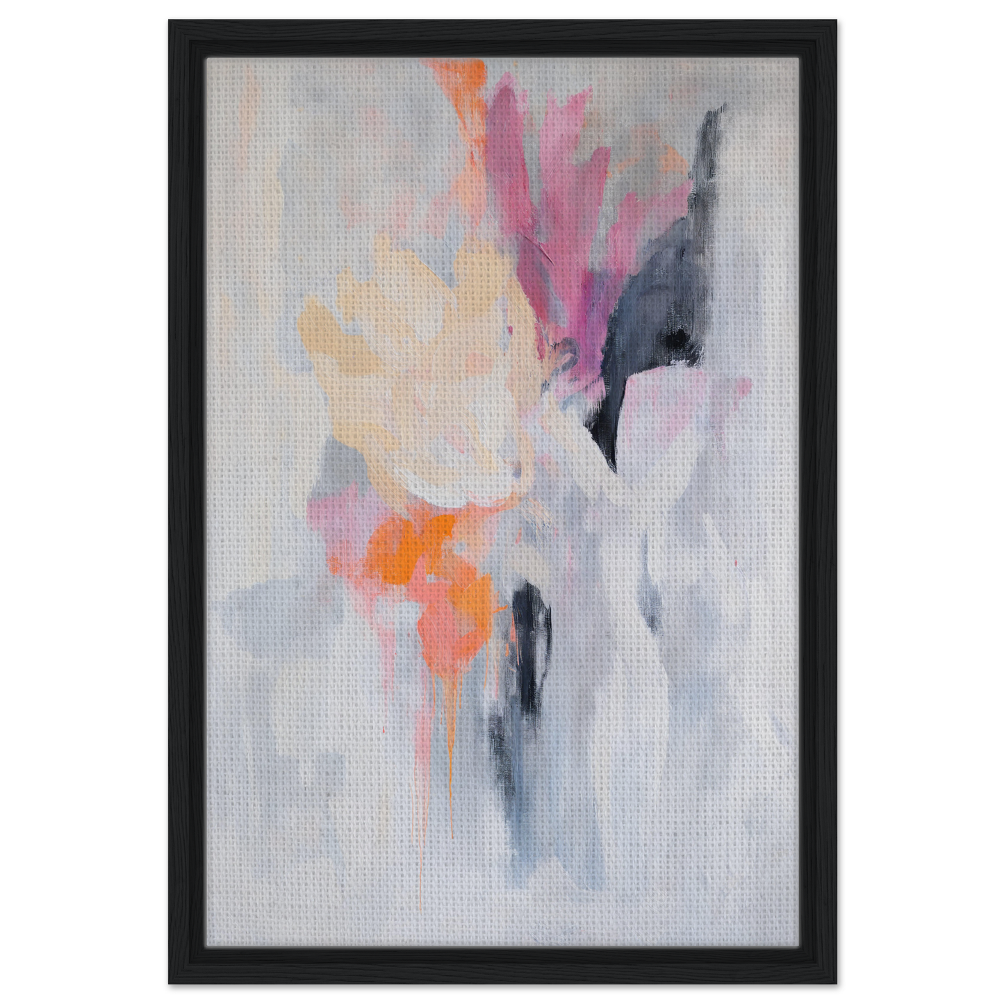 Abstract painting in soft pastels within a black frame, ideal for Petal-Loom Murmurs room decor