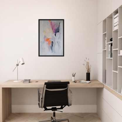 Minimalist home office workspace featuring Petal-Loom Murmurs wall art and stylish furniture