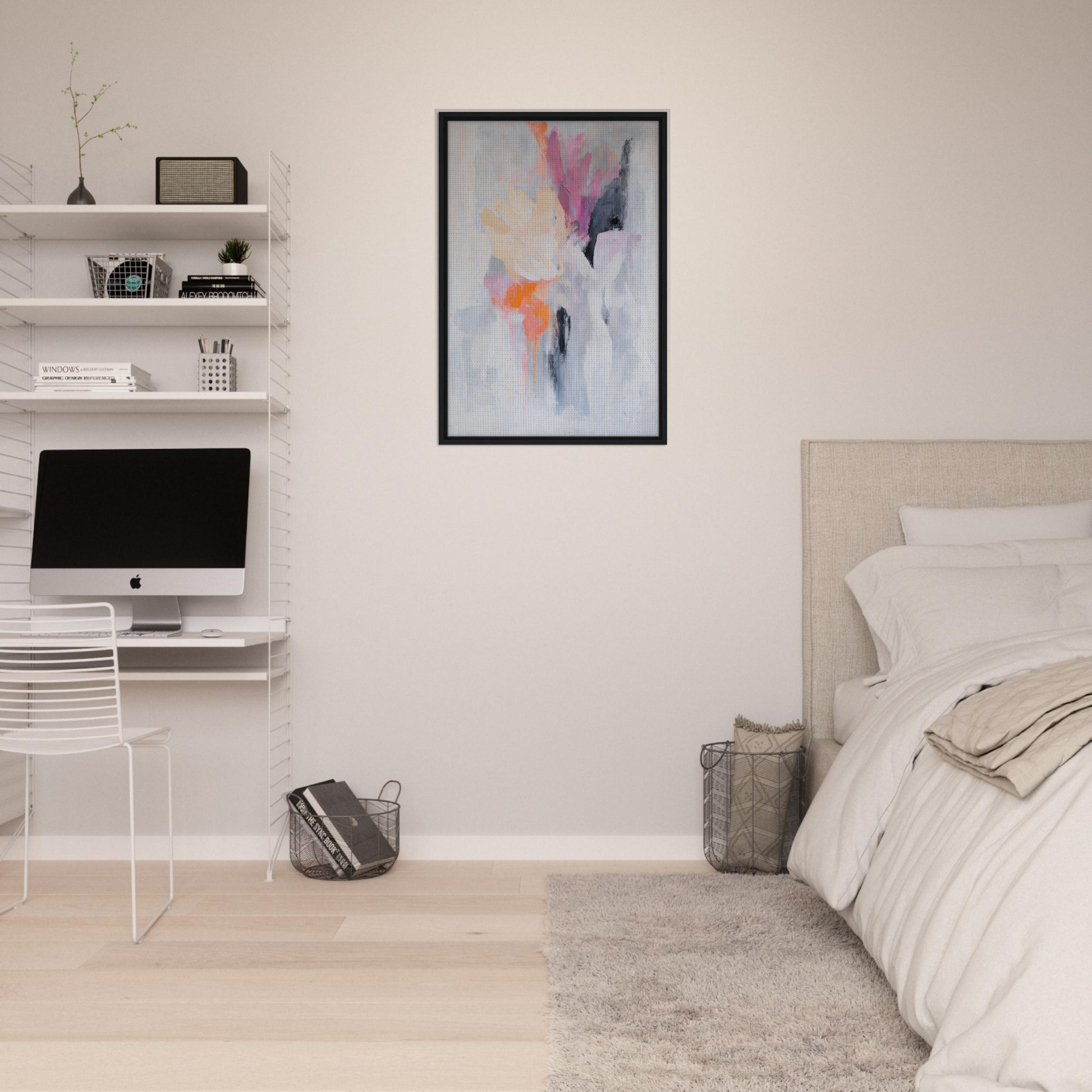 Minimalist bedroom featuring Petal-Loom Murmurs framed canvas print and floating shelves