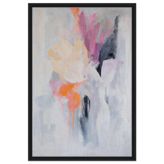 Abstract painting in soft pastel colors framed in black, showcasing Petal-Loom Murmurs