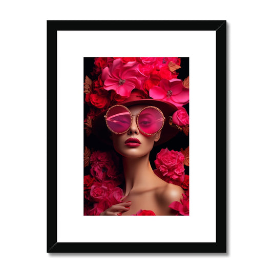 Framed photograph of a woman wearing oversized pink sunglasses surrounded by vibrant red flowers.